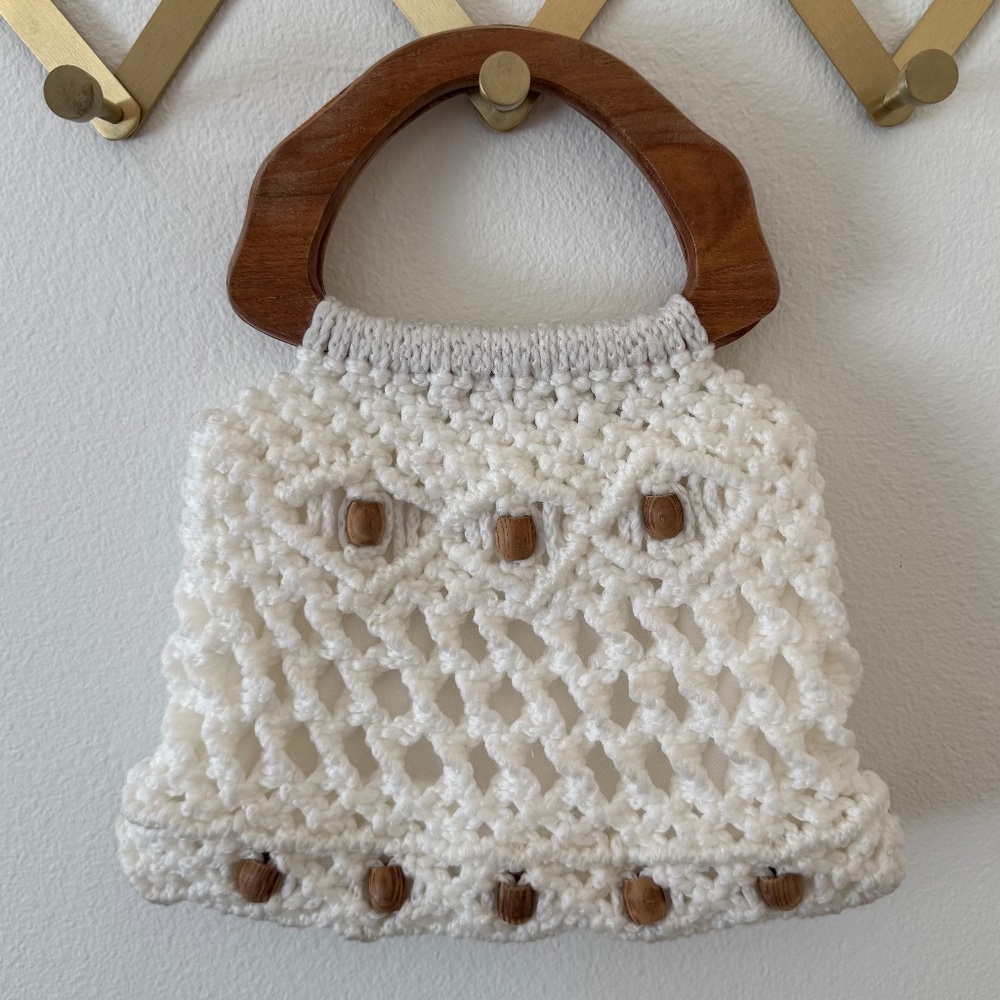 Crochet Wooden Handle Bag Purse Boho Summer White